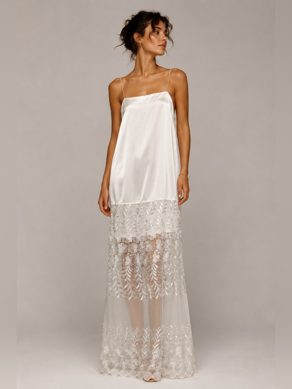 Ivory Bridal Slip Dress with Embroidered Sheer Scalloped – Upcycled Satin Maxi